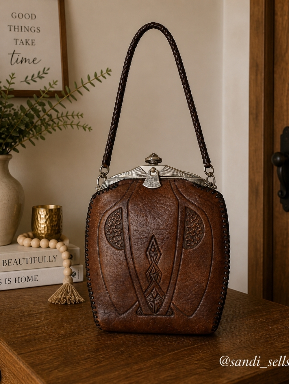 Jemco 1918 Vintage Brown Tooled Leather Handbag